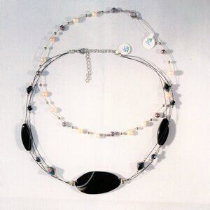 2 Necklace Lot Bundle Illusion Pearl Agate Stone Floating Choker Czech Gemstone